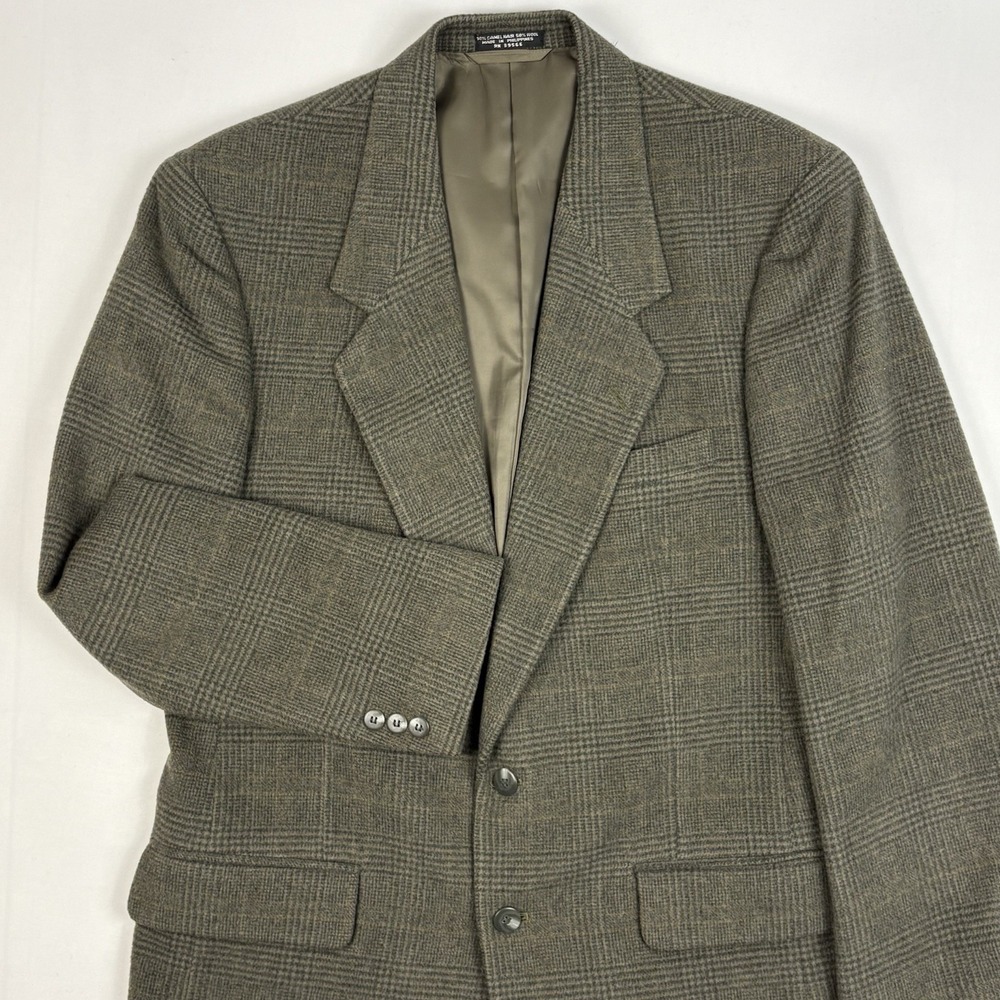 VTG 70s-80s Bill's Clothes Camel Hair Flannel Sport Coat 40R Glen Plaid Olive